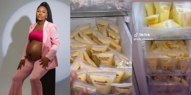 Nigerian lady shows off shocking amount of breast milk she produced three weeks after childbirth