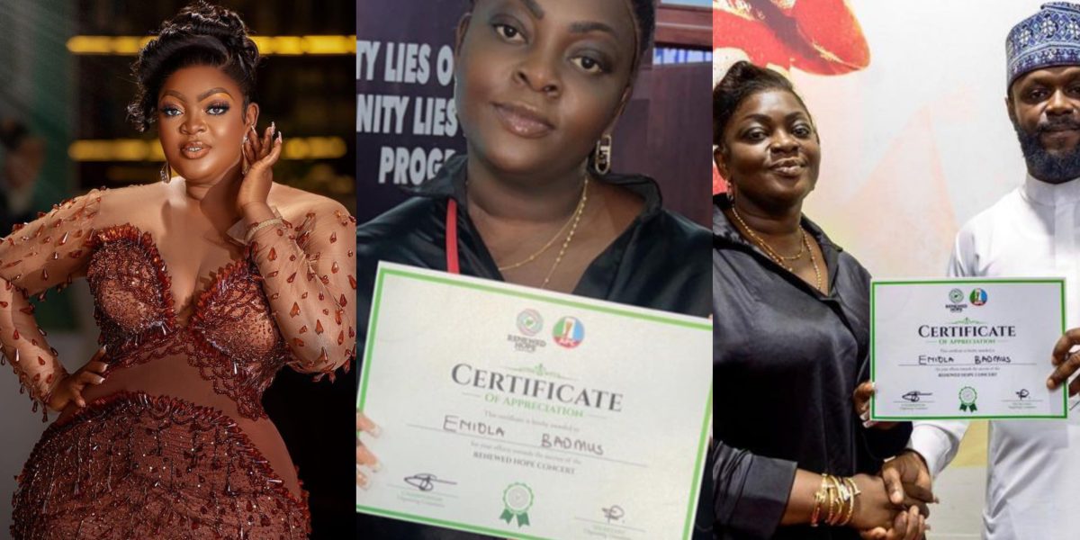 Actress Eniola Badmus grateful as she receives priceless award from Tinubu’s son