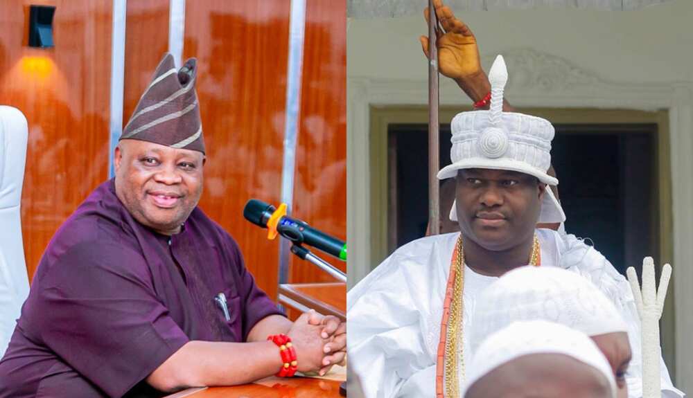 War As Ooni of Ife shakes hands with Adeleke at event