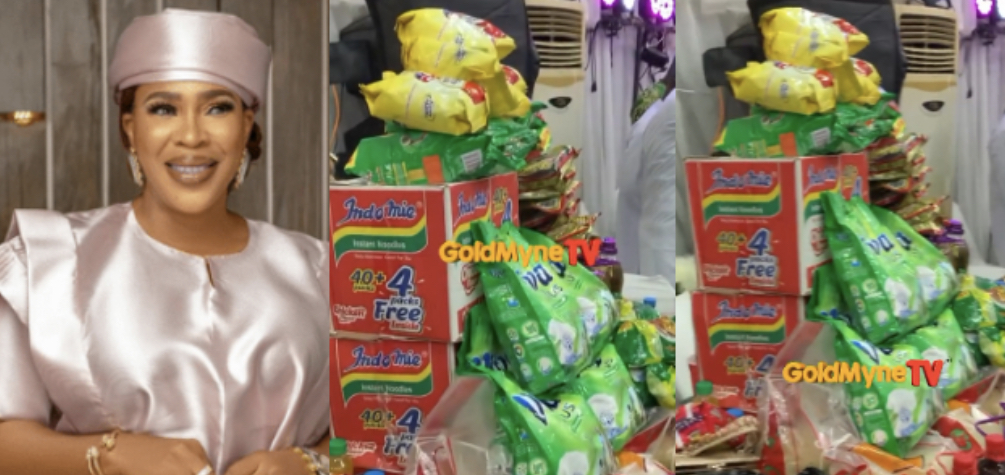 How actress Fathia Williams share bags of rice, packs of Indomie & others at father’s final funeral ceremony (Watch Video)