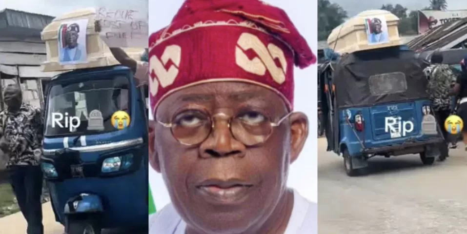 Protesters spark uproar with Tinubu’s picture on coffin (Watch Video)