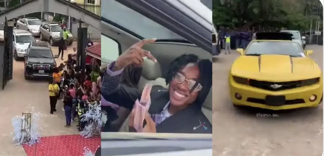 Nigerians react as Secondary school students ride various luxury car to graduation ceremony in Benin (Watch Video)