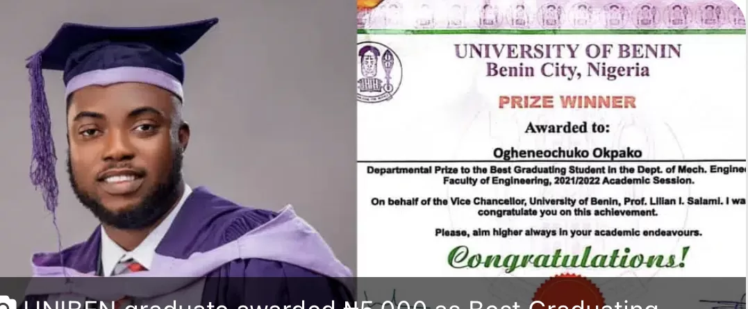 UNIBEN student pockets ridiculous money after emerging Best Graduating Student with 4.80/5.0 CGPA