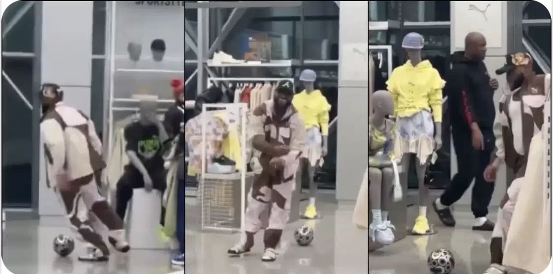 Davido shows football skills in US clothing store (Watch video)