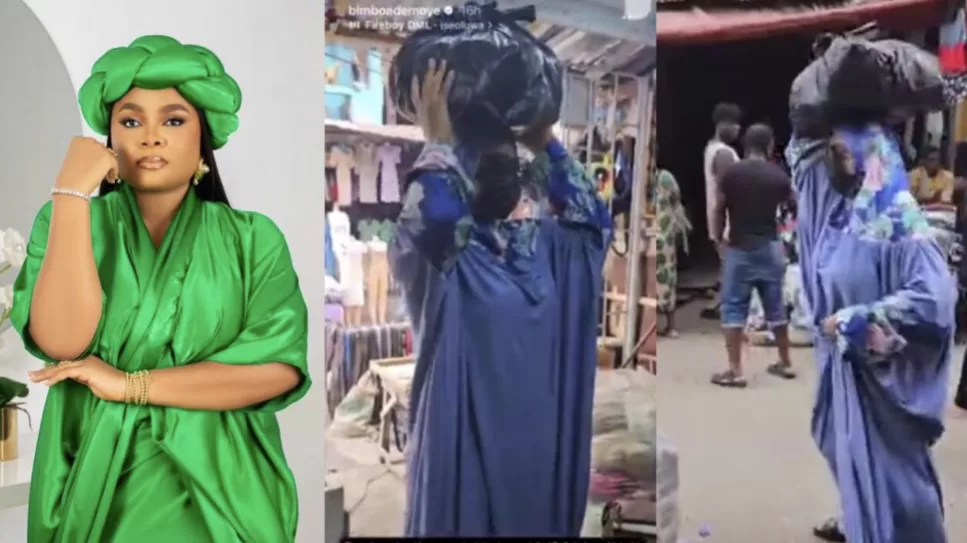 Actress Bimbo Ademoye disguises herself as she storms market (Watch video)